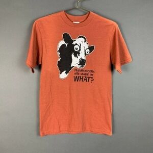 Vintage Anvil Hamburgers Are Made Of What Tee T-Shirt Orange Novelty Size Small